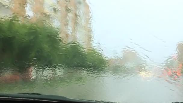 Regentropfen auf der Windschutzscheibe des Autos — Stockvideo