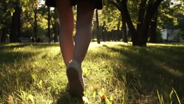 Jeunes jambes féminines marchant dans un parc — Video