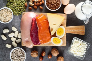Et, balık, süt ürünleri, yumurta, karabuğday, yulaf ezmesi, fındık, fasulye, kabak çekirdeği ve ayçekirdeği gibi yüksek proteinli gıdalar. Üst görünüm.