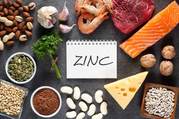 Alimentos Alto Zinco Como Salmão Frutos Mar Camarões Carne Bovina — Fotografia de Stock