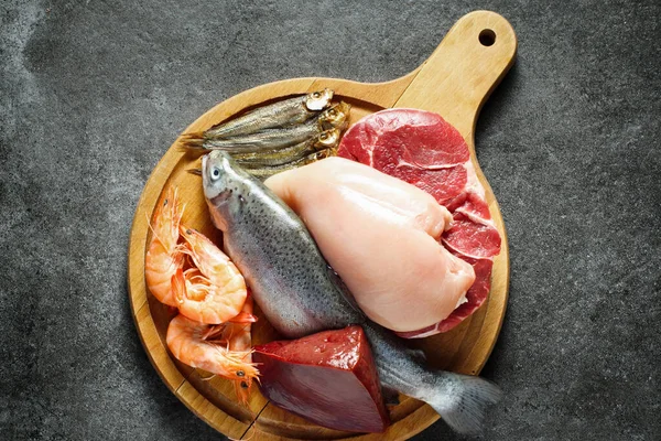 Tierische Proteinquellen Fleisch Fisch Meeresfrüchte lizenzfreie Stockfotos