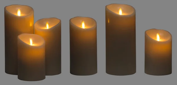 Luz Vela Tres Velas Cera Iluminación Aislada Sobre Fondo Gris Fotos de stock