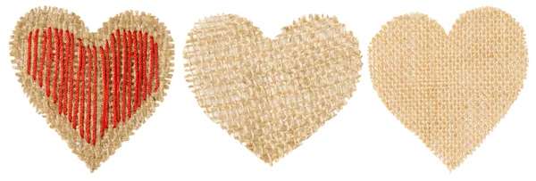 Hart vorm Sackcloth Patch, Valentine dag jute decoratief Object instellen geïsoleerde witte achtergrond — Stockfoto