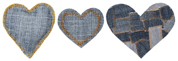 Jeans forma de corazón parche objeto con costuras costura, tejido decorativo conjunto aislado fondo blanco, San Valentín Idea Día —  Fotos de Stock