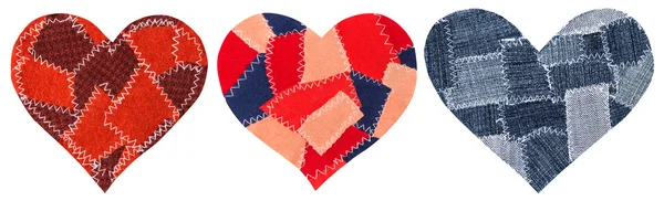 Jeans forma de corazón parche objeto con costuras costura, fondo blanco aislado conjunto de tela decorativa, Día de San Valentín icono textil —  Fotos de Stock