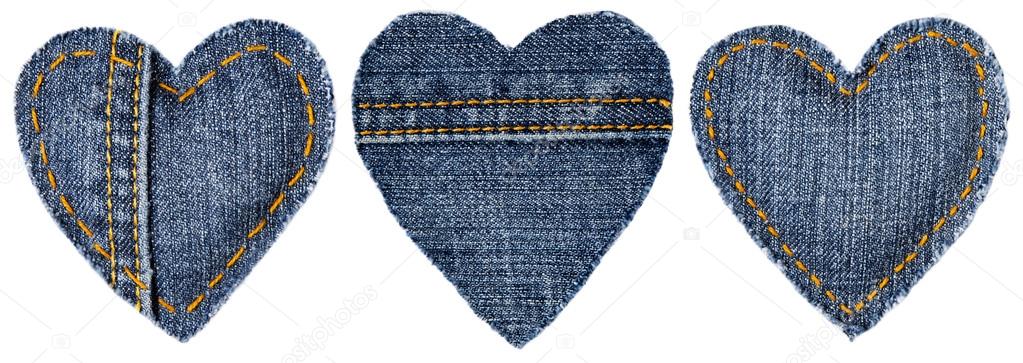 Jeans Heart Shape Patch Object with Stitches Seam, Decorative Fabric Joint Isolated White Background, Valentines Day Textile