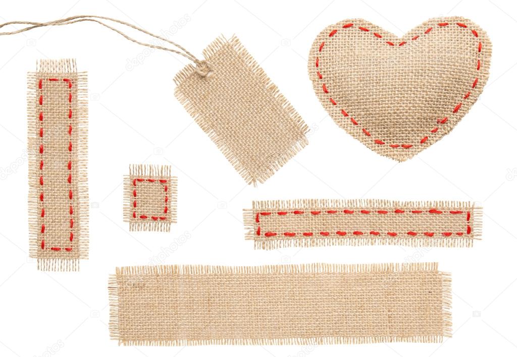 Sackcloth Heart Shape Patch Tag Label Object Stitches Seam, Burlap Isolated over White Background