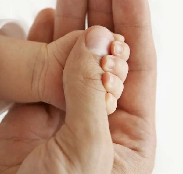 Mão da família do bebê, pai segura o filho recém-nascido, filho recém-nascido — Fotografia de Stock