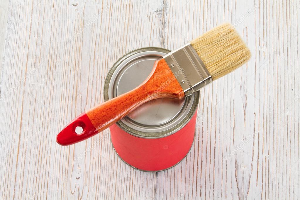 Paint Can Brush, Red Lacquer White Wood Floor Plank