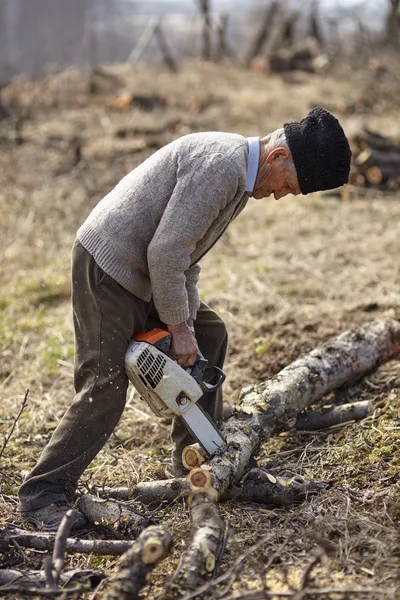 Agricultor sênior cortando uma árvore — Fotografia de Stock