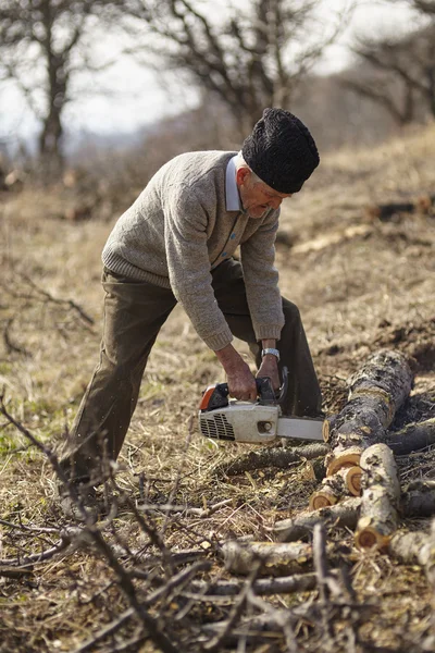 Agricoltore anziano che taglia un albero — Foto Stock