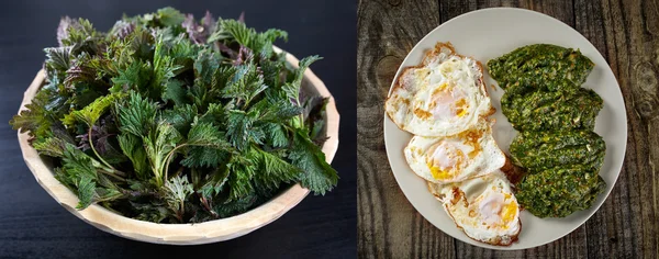 Voor en na het koken van brandnetels — Stockfoto