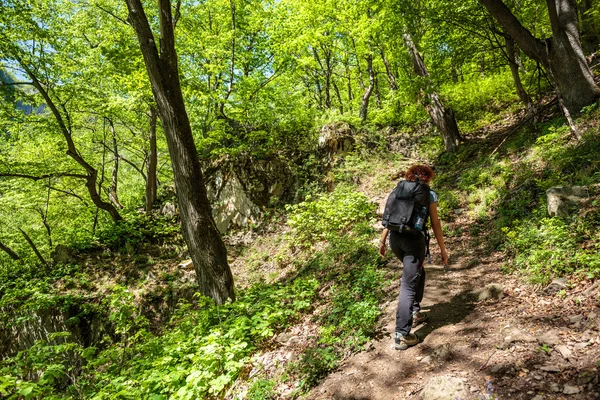 Mulher caminhante com mochila trekking — Fotografia de Stock