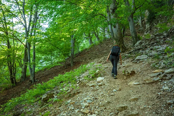 Vrouw wandelaar met rugzak trekking — Stockfoto