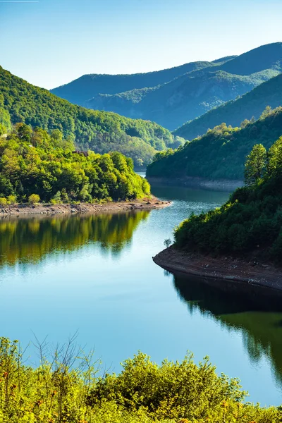 H lago tra montagne ricoperte di foresta — Foto Stock