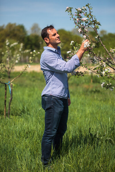 фермер проверяет свои молодые деревья
