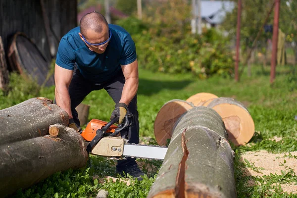 Lumberjack Cutting Beech Logs Chainsaw — Stock Photo, Image