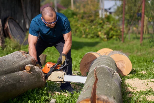 Madera Aserrada Cortando Troncos Haya Con Motosierra — Foto de Stock