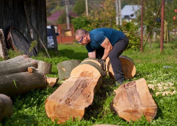 벌목꾼이 톱질을 통나무를 당긴다 — 스톡 사진