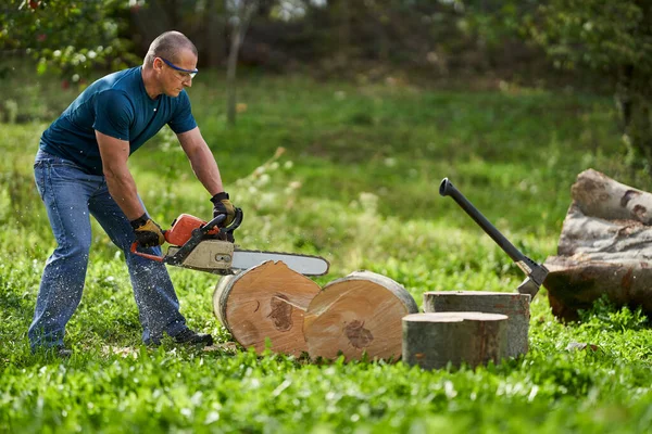 Madera Aserrada Cortando Troncos Haya Con Motosierra — Foto de Stock