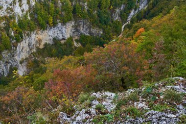 Sonbaharda uçurumları ve ormanları olan dağların havadan görünüşü
