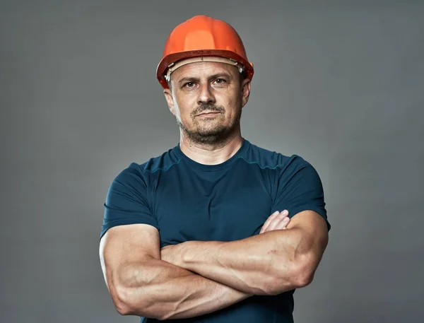 Construction Engineer Shirt Hardhat Gray Background — Stock Photo, Image