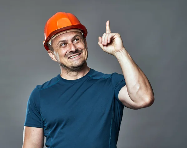 Engenheiro Chapéu Duro Apontando Para Topo Imagem — Fotografia de Stock