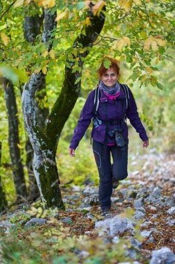Sırt çantalı kadın ormanda yürüyüş yapıyor.