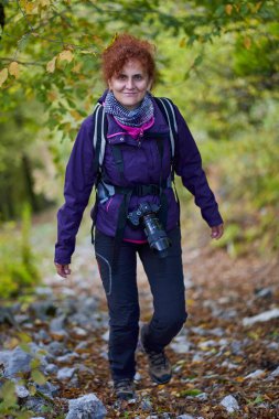 Sırt çantalı kadın ormanda yürüyüş yapıyor.