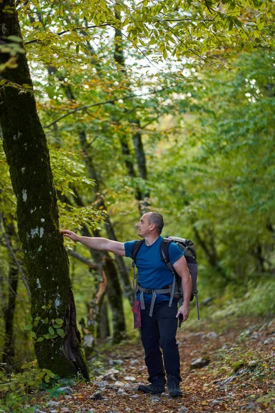 Aktiver Mann Mit Rucksack Wandert Die Wildnis — Stockfoto