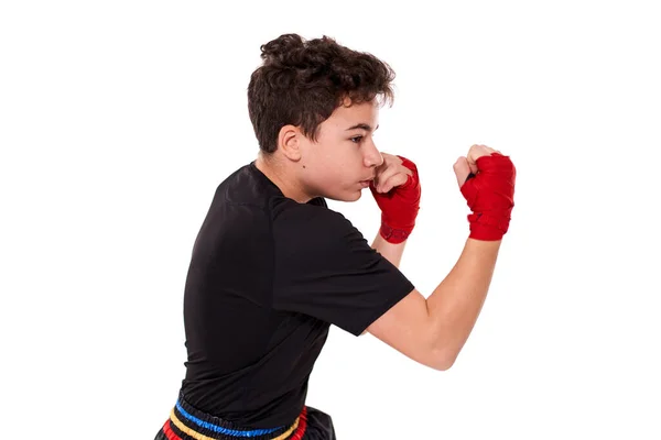 Young Kickboxer Training Shadow Boxing Isolated White Background — Stock Photo, Image