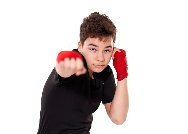 Jeune Kickboxer Entraînement Ombre Boxe Isolé Sur Fond Blanc — Photo