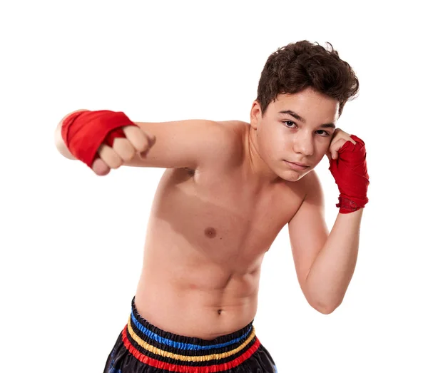 Νέοι Kickboxer Προπόνηση Πυγμαχία Σκιά Απομονώνονται Λευκό Φόντο — Φωτογραφία Αρχείου