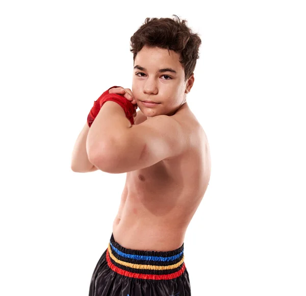 Jovem Kickboxer Formação Sombra Boxe Isolado Fundo Branco — Fotografia de Stock