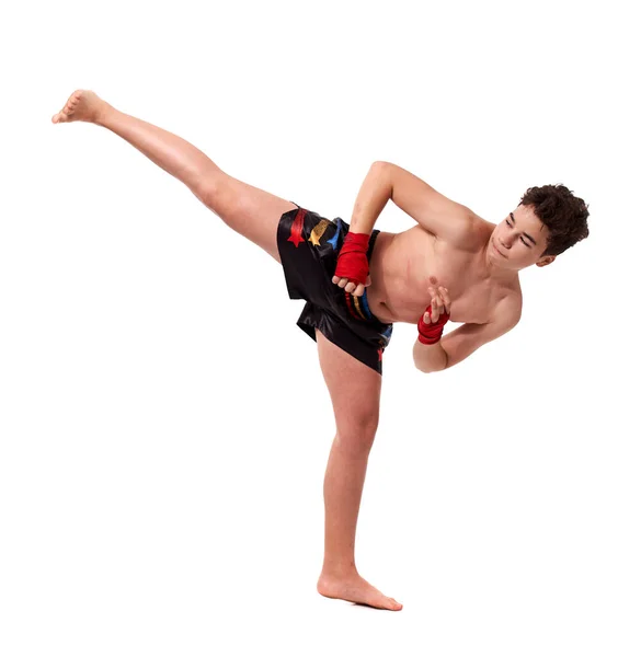 Jovem Kickboxer Formação Sombra Boxe Isolado Fundo Branco — Fotografia de Stock