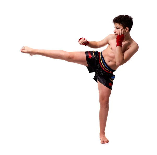 Young Kickboxer Training Shadow Boxing Isolated White Background — Stock Photo, Image