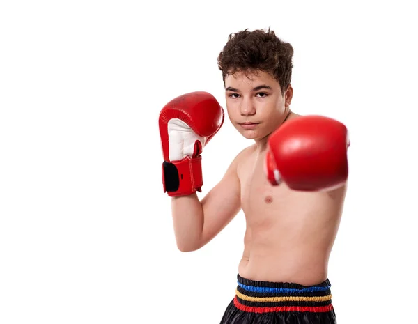 年轻的跆拳道选手 戴着红色手套 在白色背景上摆出各种不同的击球姿势 — 图库照片