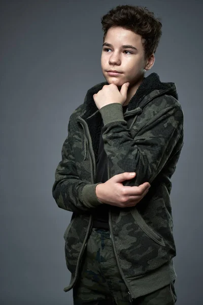 Closeup Portrait Trendy Teenage Boy Gray Background — Stock Photo, Image