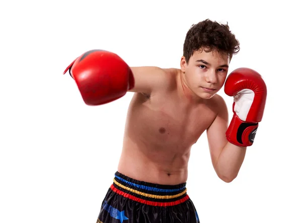 Young Kickboxing Fighter Red Gloves Various Strikes Posing White Background — Stock Photo, Image