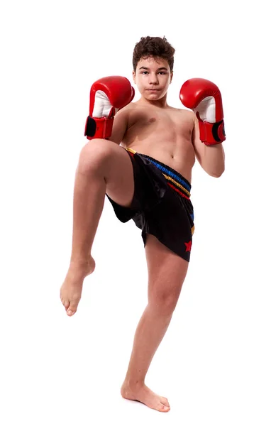 Young Kickboxing Fighter Red Gloves Various Strikes Posing White Background — Stock Photo, Image