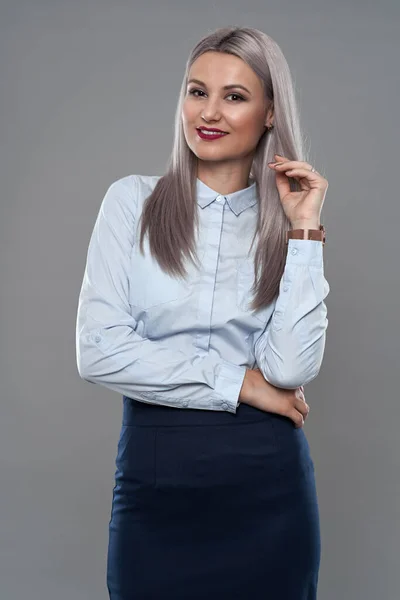 Closeup Succesful Young Businesswoman Studio Shot Gray Background — Stock Photo, Image