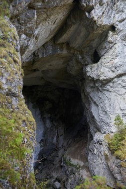 Kireçtaşı dağlarında büyük bir mağaranın girişi.