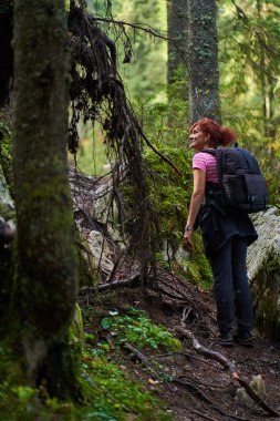 Sırt çantalı aktif bir kadın ormanda yürüyüş yapıyor.