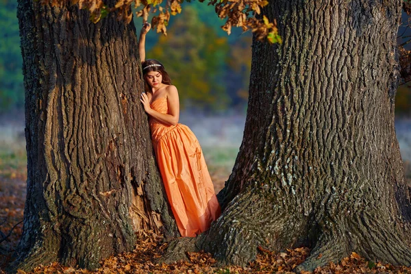 Portrait Beauté Automnal Une Jeune Femme Dans Une Forêt Chênes — Photo