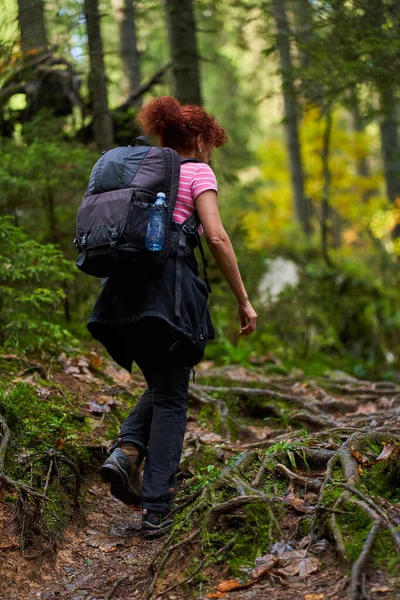 Actieve Vrouw Met Rugzak Wandelen Een Pad Door Het Bos — Stockfoto