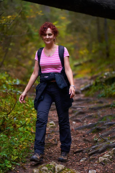 Sırt Çantalı Aktif Bir Kadın Ormanda Yürüyüş Yapıyor — Stok fotoğraf