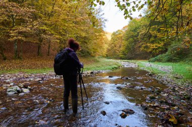 Nehir kenarında kameralı kadın doğa fotoğrafçısı.