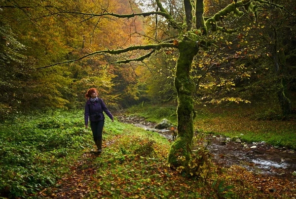 Woman Nature Photographer Professional Camera Hiking River — Stock Photo, Image