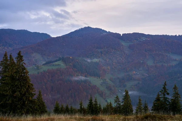 Vesnice Hoře Mlhou Mlhou Plovoucí Mezi Nimi Ráno — Stock fotografie