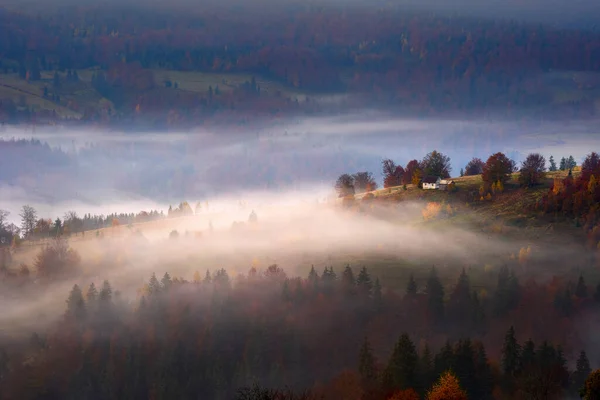 Χωριό Βουνό Ομίχλη Και Ομίχλη Επιπλέουν Ανάμεσά Τους Πρωί — Φωτογραφία Αρχείου